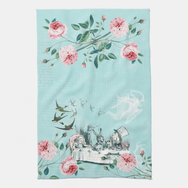 Wonderland Mad Tea Party Aqua Pink Tea Serviette (Vertical)
