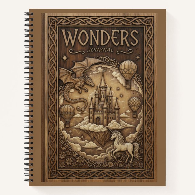 Wonders Journal Fantasy Dragon Unicorn Wood Carved (Devant)