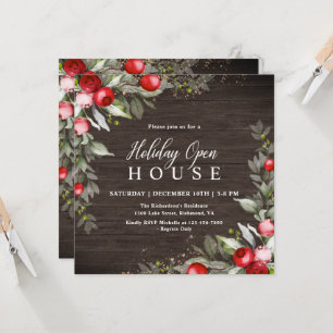 Wooden Holly Berry Holiday Open House Invitation