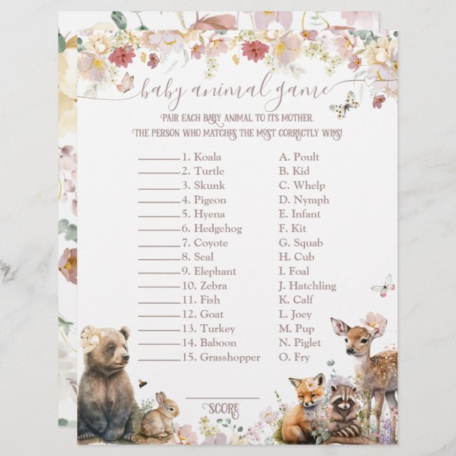 Woodland animal floral fille Baby shower Jeu (Devant / Derrière)