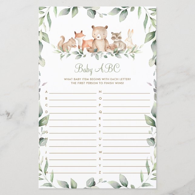 Woodland Animal Green Shower Baby ABC Game Card (Devant)