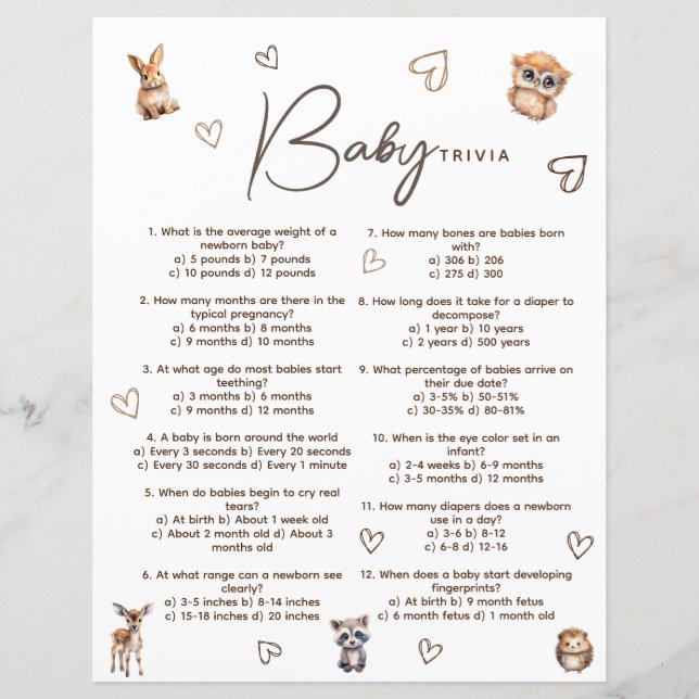 Woodland Animal Thème Baby Trivia Game Card (Devant)