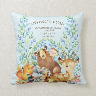 Woodland Animals Baby Birth Stats Coussin