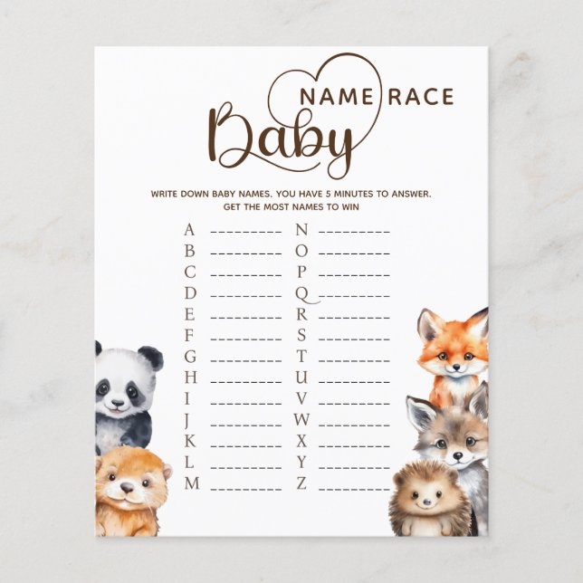 Woodland Animals Baby Name Race Game Card (Devant)