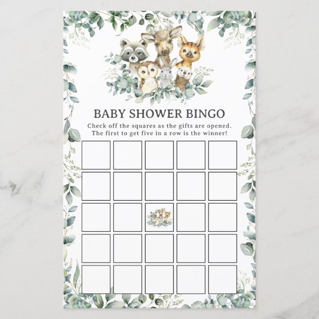 Woodland Animals Greenery Baby Shower Bingo Game (Devant)