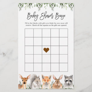 Woodland Animaux Baby shower Jeu de Bingo