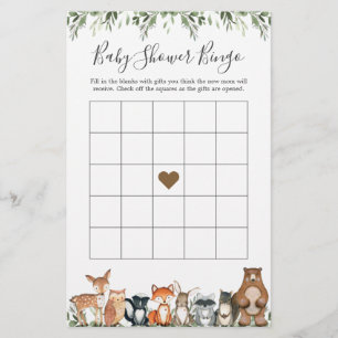 Woodland Animaux Baby shower Jeu de Bingo