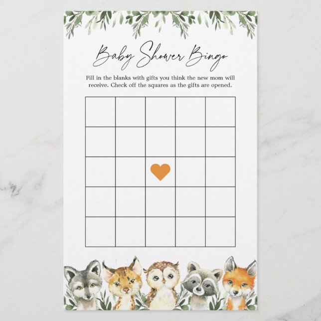 Woodland Animaux Baby shower Jeu de Bingo (Devant)