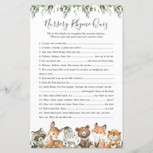 Woodland Animaux Baby shower Nursery Rhyme Quiz