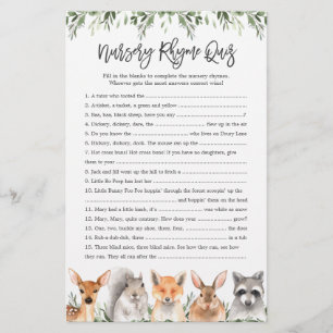 Woodland Animaux Baby shower Nursery Rhyme Quiz