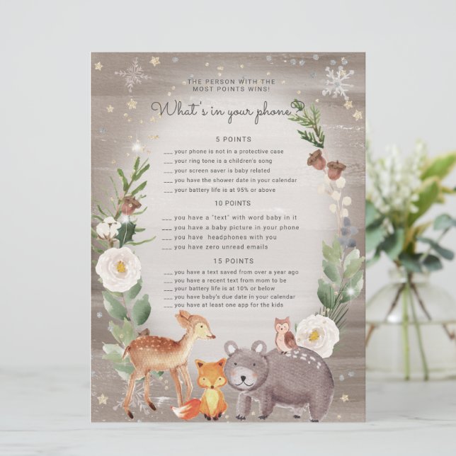 Woodland Animaux Baby shower Phone Game Card (Debout devant)