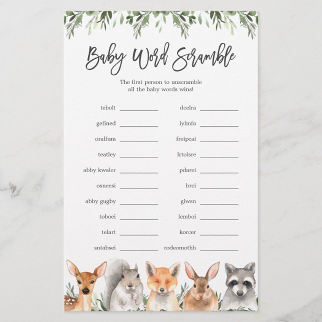 Woodland Animaux Baby shower Word Scramble Jeu (Devant)