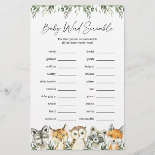 Woodland Animaux Baby shower Word Scramble Jeu
