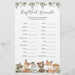 Woodland Animaux Baby shower Word Scramble Jeu