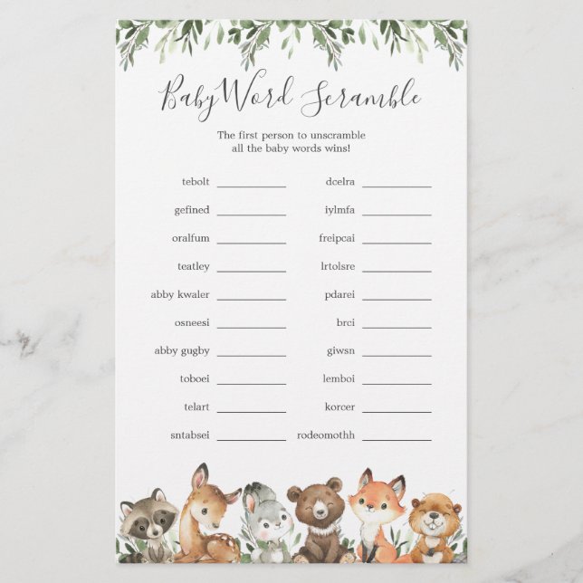 Woodland Animaux Baby shower Word Scramble Jeu (Devant)