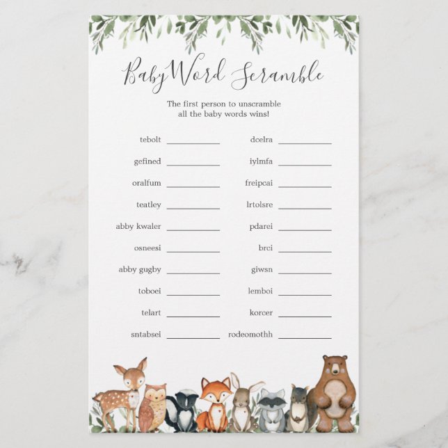 Woodland Animaux Baby shower Word Scramble Jeu (Devant)