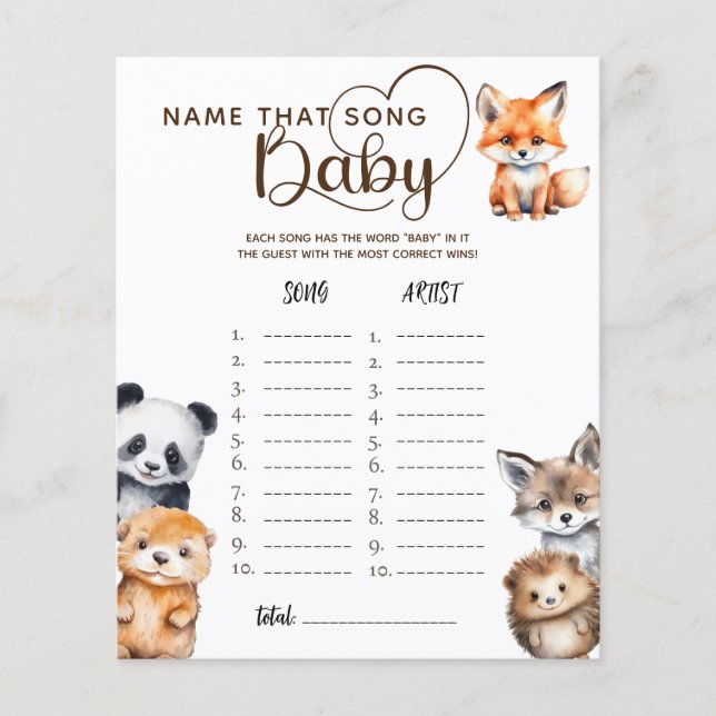 Woodland Animaux Nom Baby shower Ce Jeu De Chanson (Devant)