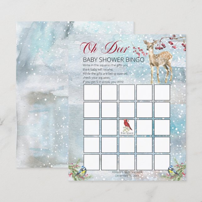 Woodland Animaux Winter Boy Baby shower Bingo Card (Devant / Derrière)
