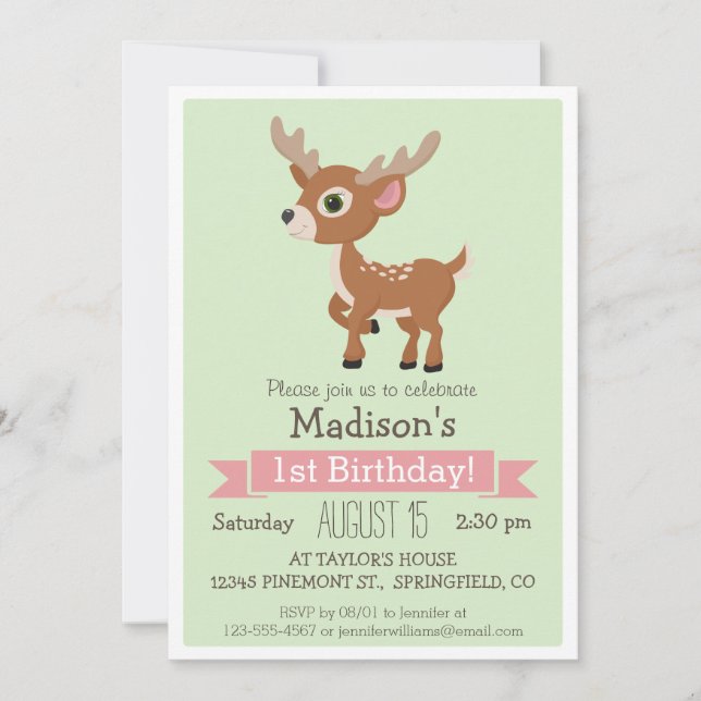 Woodland Baby Deer, Fawn Birthday Party Invitation (Devant)