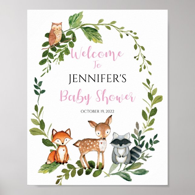 Woodland Baby shower Affiche de bienvenue fille (Devant)