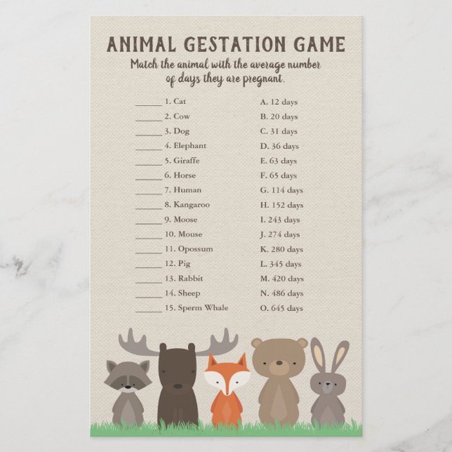Woodland Baby shower Animal Gestation Quiz du jeu (Devant)