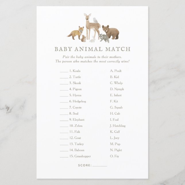 Woodland Baby shower Baby Animal Match Jeu (Devant)