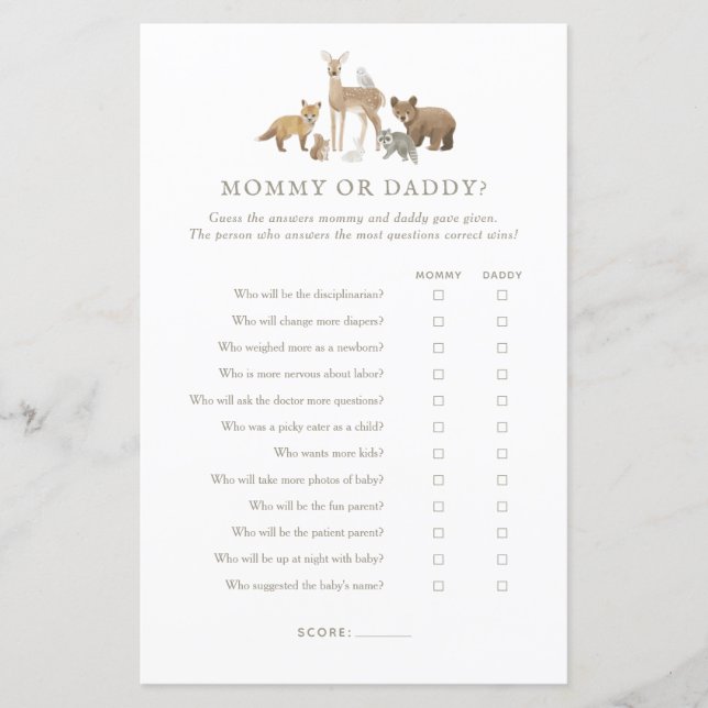 Woodland Baby shower Devinez qui maman ou papa jeu (Devant)