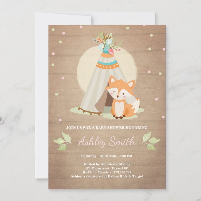 Woodland baby shower invitation Fox Teepee Rose Gi (Devant)