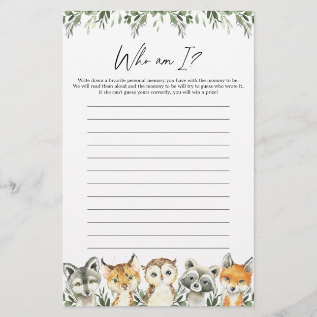 Woodland Baby shower Qui Suis-Je Joué (Devant)