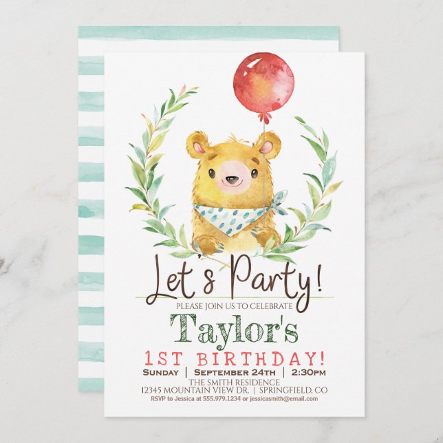 Woodland Bear 1er Anniversaire Fête Invitation (Devant / Derrière)