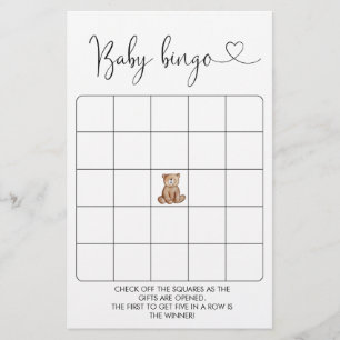 Woodland Bear Baby shower Bingo Jeu