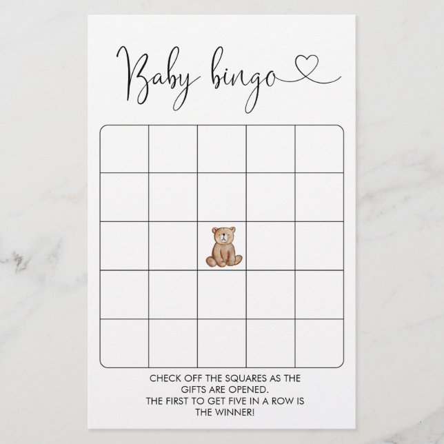 Woodland Bear Baby shower Bingo Jeu (Devant)