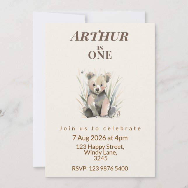 Woodland Bear First Birthday Invitation (Devant)