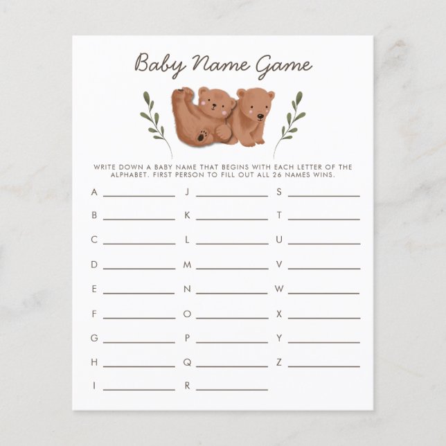 Woodland Bears Twins Baby Name Shower Game (Devant)
