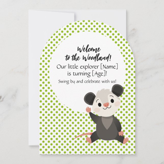 Woodland Birthday Invitation – Cute Opossum  (Devant)