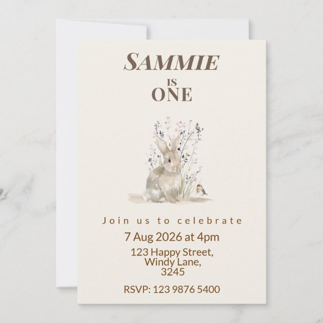 Woodland Bunny First Birthday Invitation (Devant)