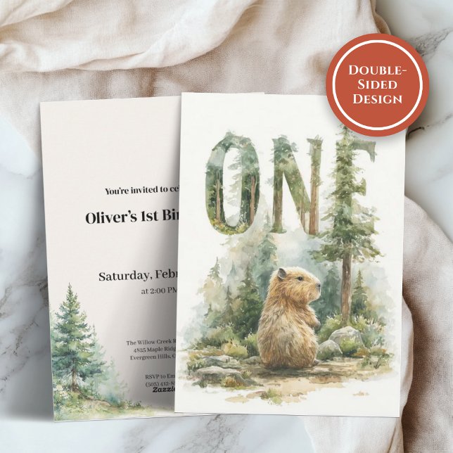 Woodland Capybara 1st Birthday Invitation (Watercolor birthday invitation with capybara and forest trees on a soft neutral background)