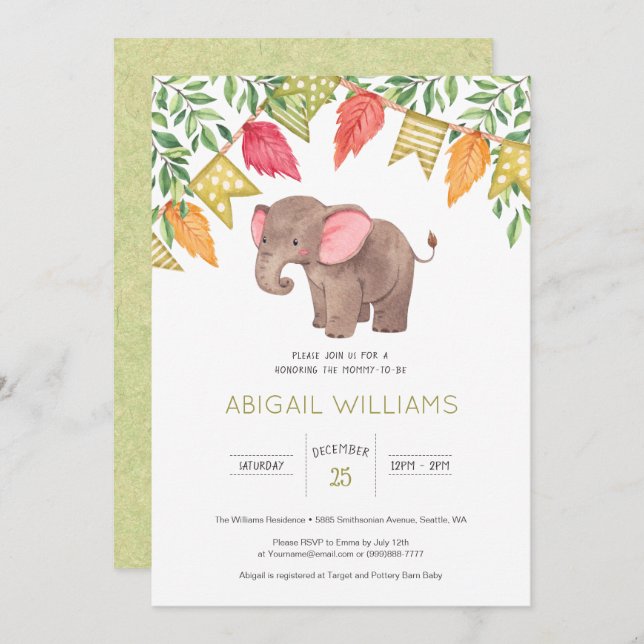Woodland Cute Baby Elephant Baby shower Invitation (Devant / Derrière)