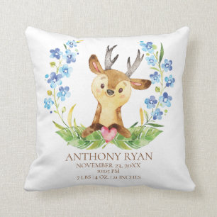 Woodland Deer Baby Birth Stats Coussin