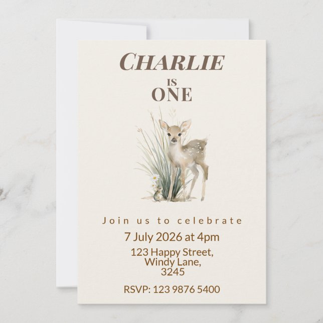 Woodland Deer First Birthday Invitation (Devant)