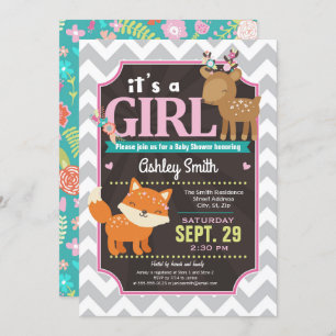 Woodland Deer & Fox Baby shower Invitation Girl