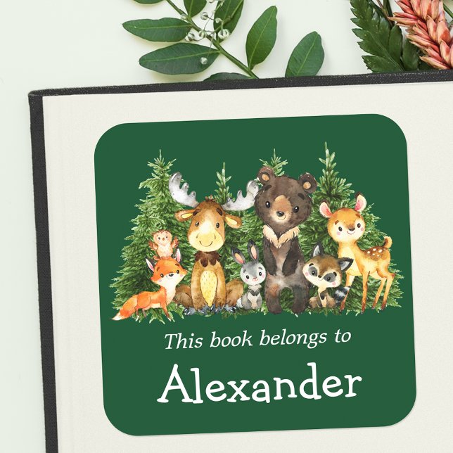 Woodland Forest Animaux Green Bookplate Étiquette (Customize to change text size or text style.)