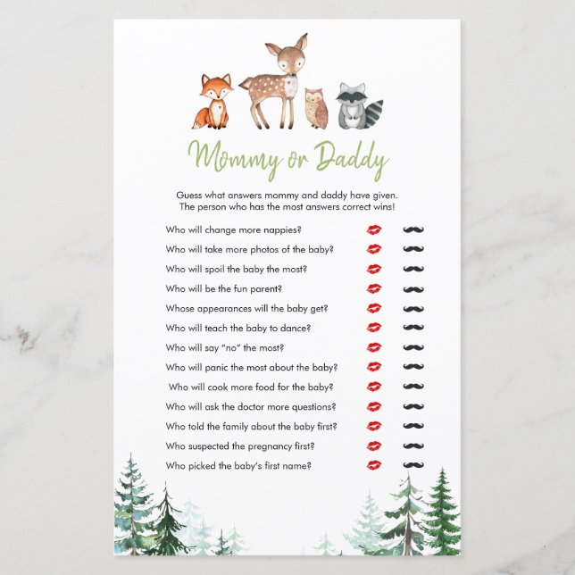 Woodland Forest Baby shower maman ou papa jeu (Devant)