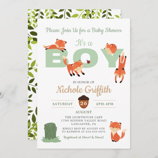 Woodland Forest Fox Boy Baby shower Invitation (Devant / Derrière)
