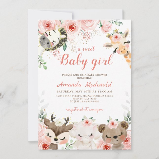 Woodland forêt bébé fille baby shower Invitation (Devant)