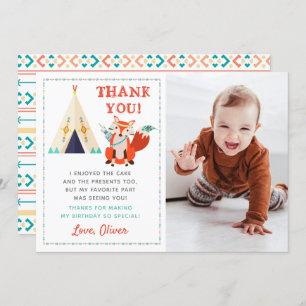 Woodland Fox Boho Birthday Photo Carte de remercie