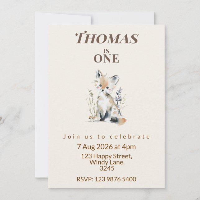 Woodland Fox First Birthday Invitation (Devant)