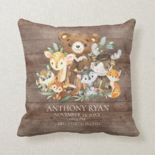 Woodland Friends Baby Birth Stats Coussin