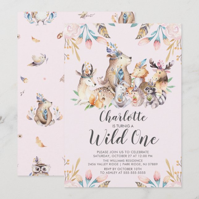 Woodland Friends Wild One Birthday Invitation (Devant / Derrière)