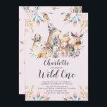 Woodland Friends Wild One Birthday Invitation<br><div class="desc">Bêtes boisées sauvages une fille anniversaire Invitation avec un dos de coordination.</div>
